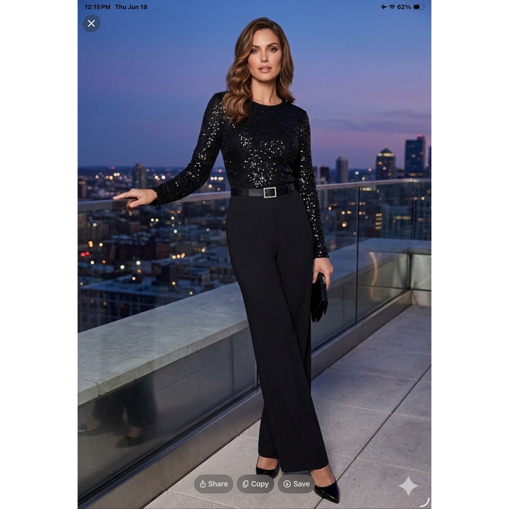 Karl Lagerfeld Paris Womens Black Sequin Wide Leg Belted Jumpsuit Size 2 NEW‎